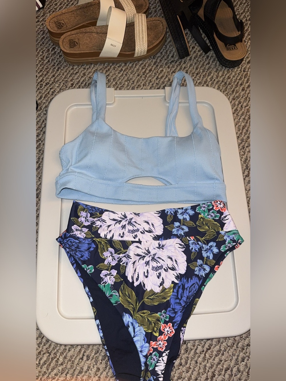 Aerie Light Blue Ribbed Swim Top and High waist Navy Floral Bikini Bottoms
